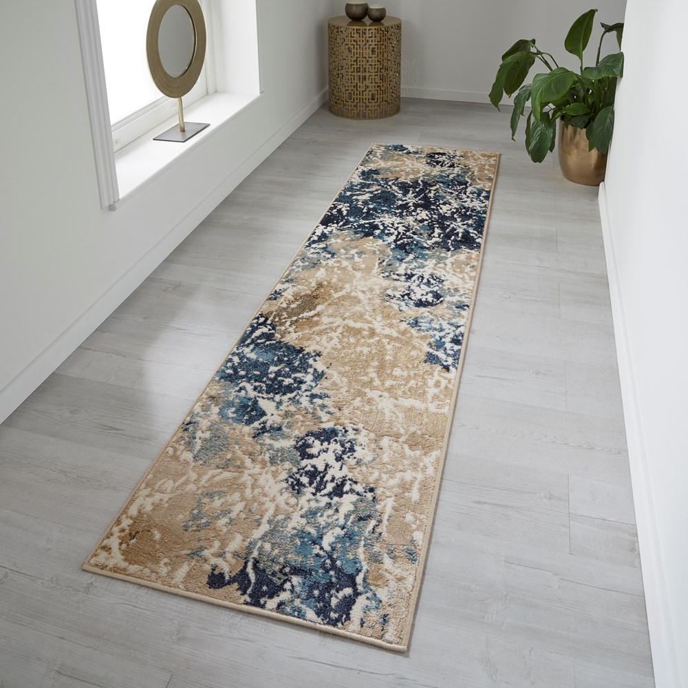 Zoe 2060 J Runner Rugs in Abstract Distressed Blue Multi